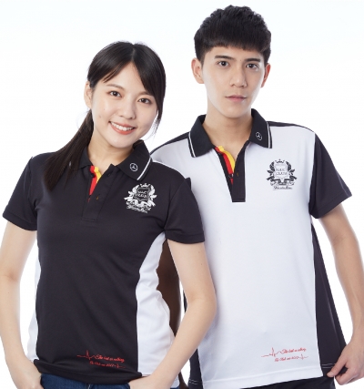 短P訂製100,短P訂製200,短袖polo,訂製,2顆扣,二顆扣,門襟配條,袖子換色,側身剪接,側身拼接,領片電鏽,領片配條,肩膀剪接配色,賓士,黑色,白色,特殊門襟