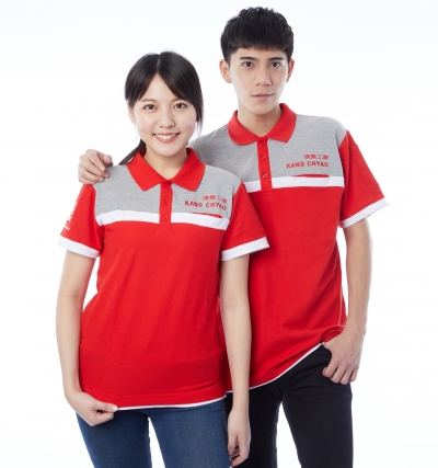 短P訂製100,短P訂製200,短袖polo,訂製,三顆扣,3顆扣,束袖,束口,中襟配色跳色,上身跳色,上身配色,康喬,紅色,隱藏式口袋,開衩,開叉